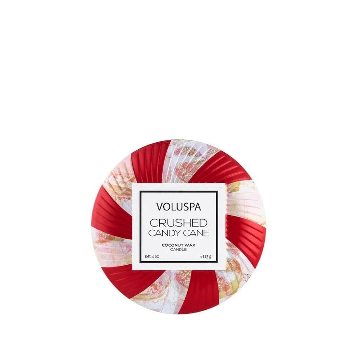 Voluspa Crushed Candy Cane, Mini Tin Candle, 4 oz, 25 Hour Burn Time, Coconut Wax for Clean Burning, Handcrafted in The USA