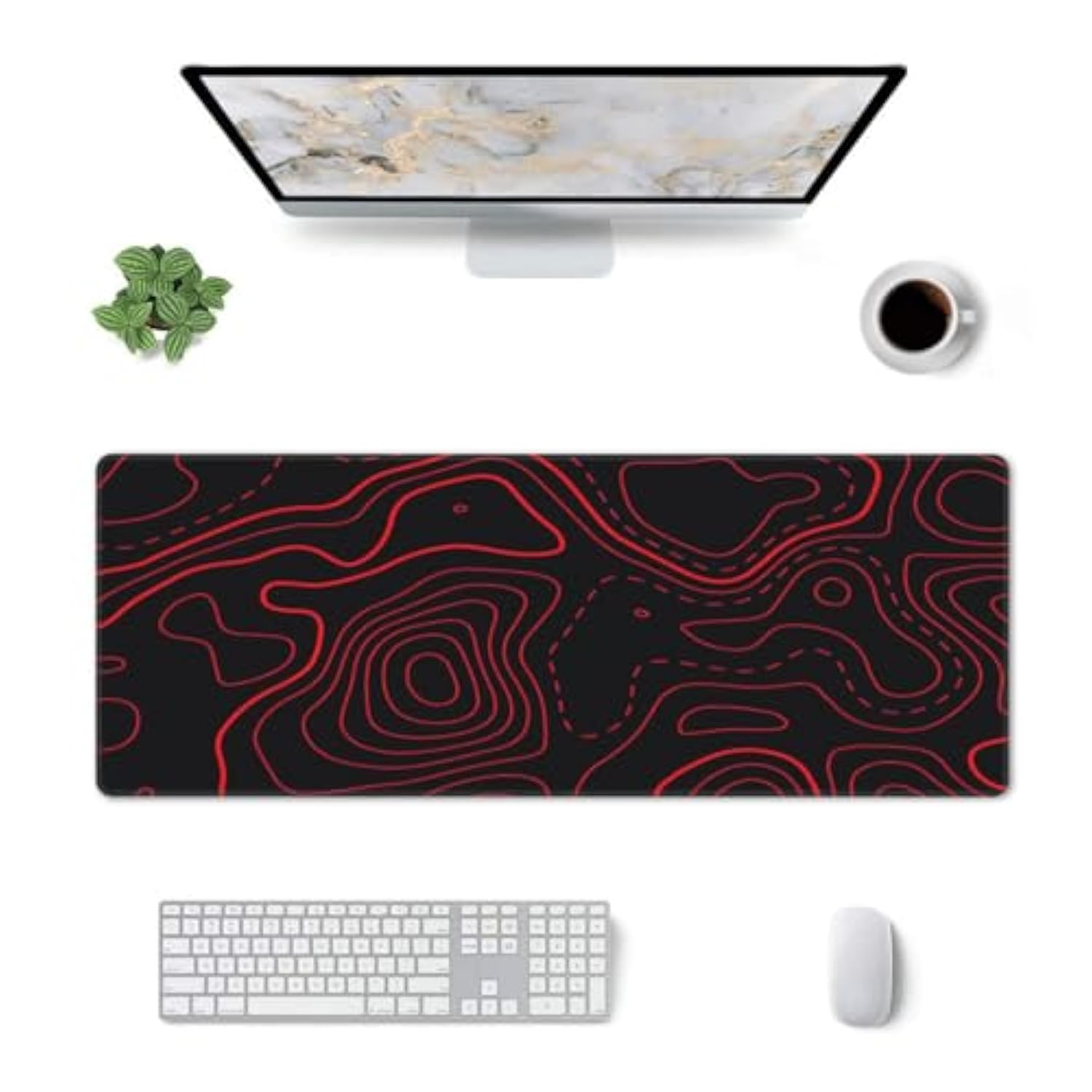 Red Black Topographic Gaming Mouse Pad Large Desk Mat With Stitched Edges Extended Xl Mousepad With Anti-Slip Base, Keyboard Pads For Work Office 31.5 X 11.8 In