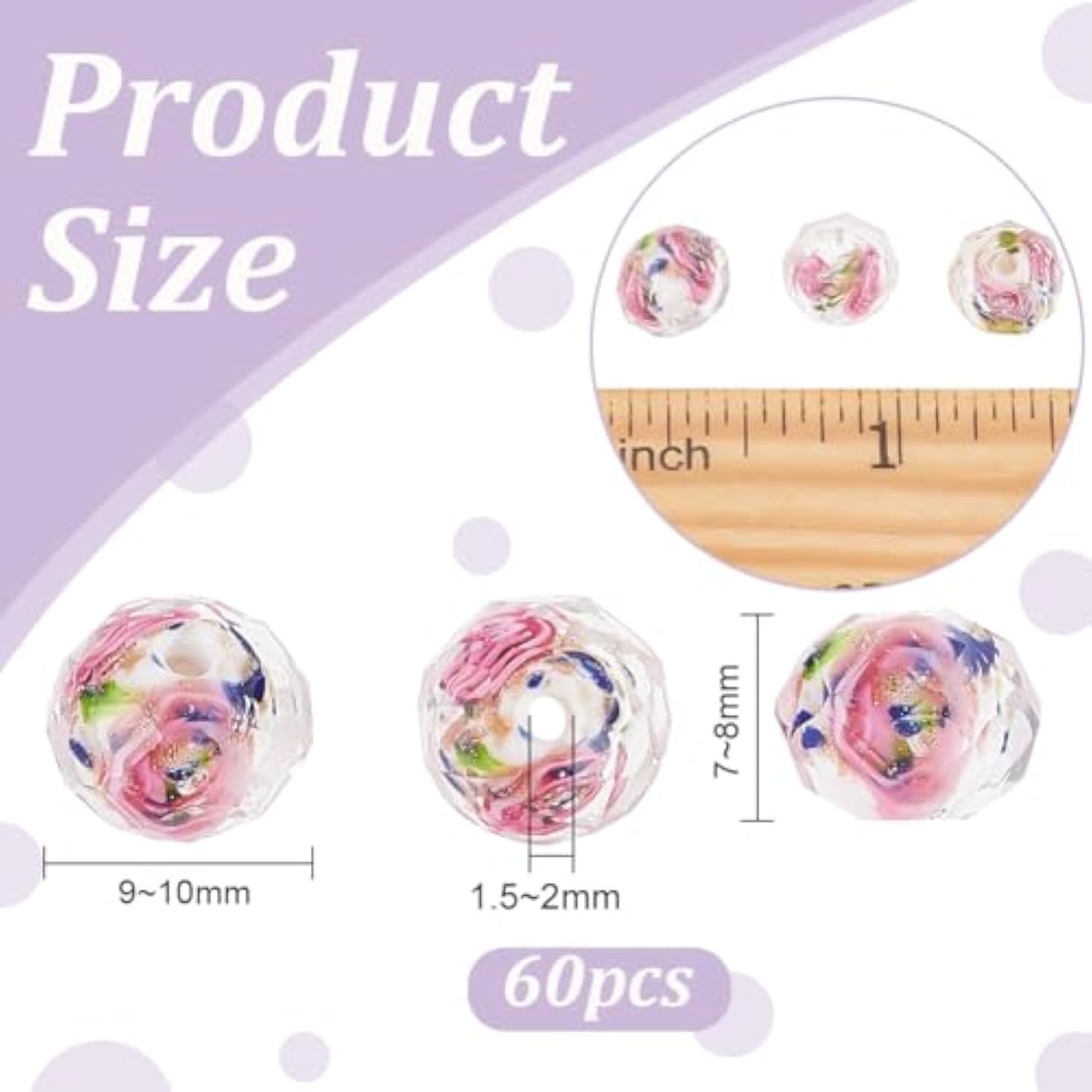 60PCS 9-10mm White Rose Lampwork Beads Gold Sand Glass for Jewelry Making