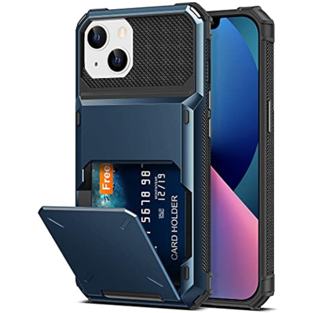 For Iphone 13 14 Case Wallet 4 Credit Card Holder Flip Cover Design Id Slot Back Pocket Dual Layer Armor Scratch Resistant Hard Shell Hybrid Protective Bumper For Iphone 13 14 6.1 Navy Blue