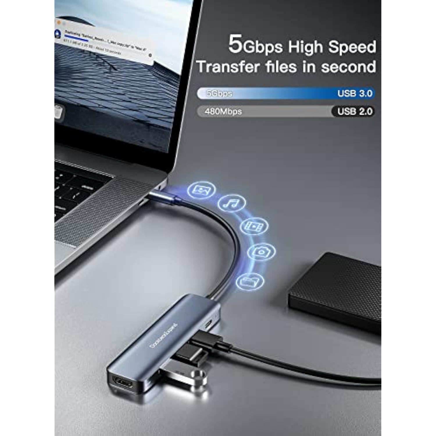 Usb C Hub, Usb-C Multiport Adapter 5 In 1 With 4K Hdmi, 100W Power Delivery, 3