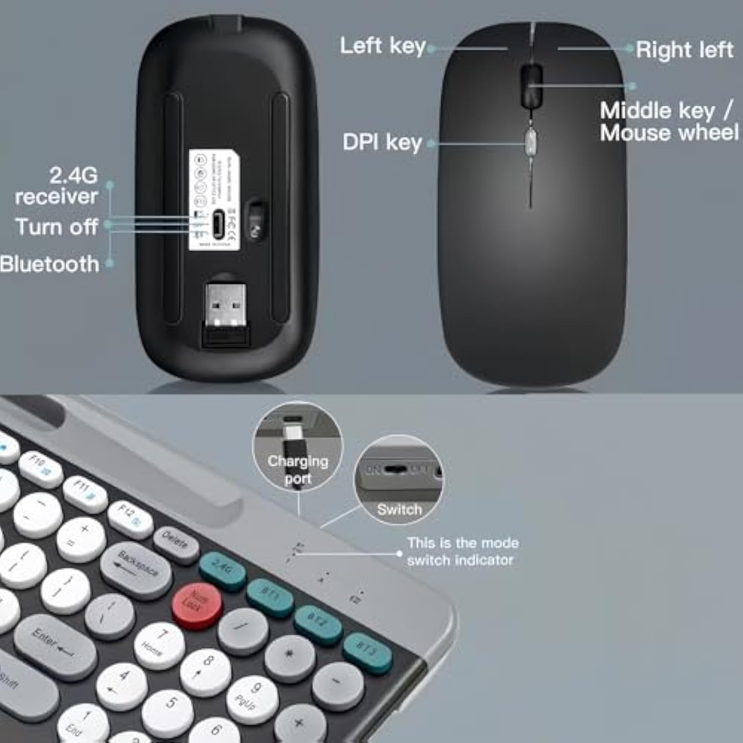 Wireless Keyboard And Mouse Combo With Phone Tablet Holder, Rechargeable Dual-Mode (Bluetooth 5.0 And 3.0 +2.4G) Multi-Device Silent Mouse For Windows, Ipad, Tablet, Macos,Ios,Android (White+Grey)