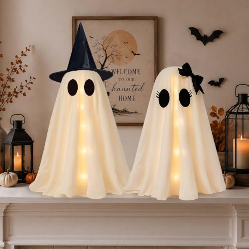 2 Pack 24 Inch Halloween Ghost Decorations, Light Up Ghosts with Witch Hats, DIY Spooky Ghost Decor with LED Lights for Porch Yard Lawn Garden Home Halloween Party