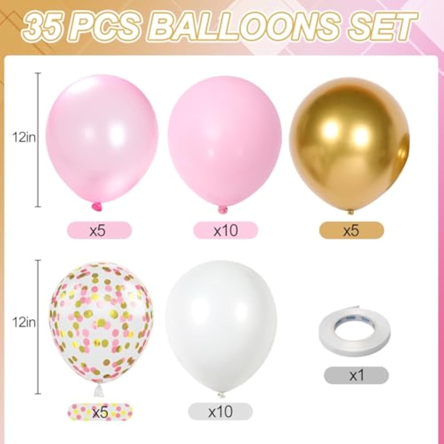 Pink & Gold 12" Balloons Set for Birthday, Baby Shower & Party Decor