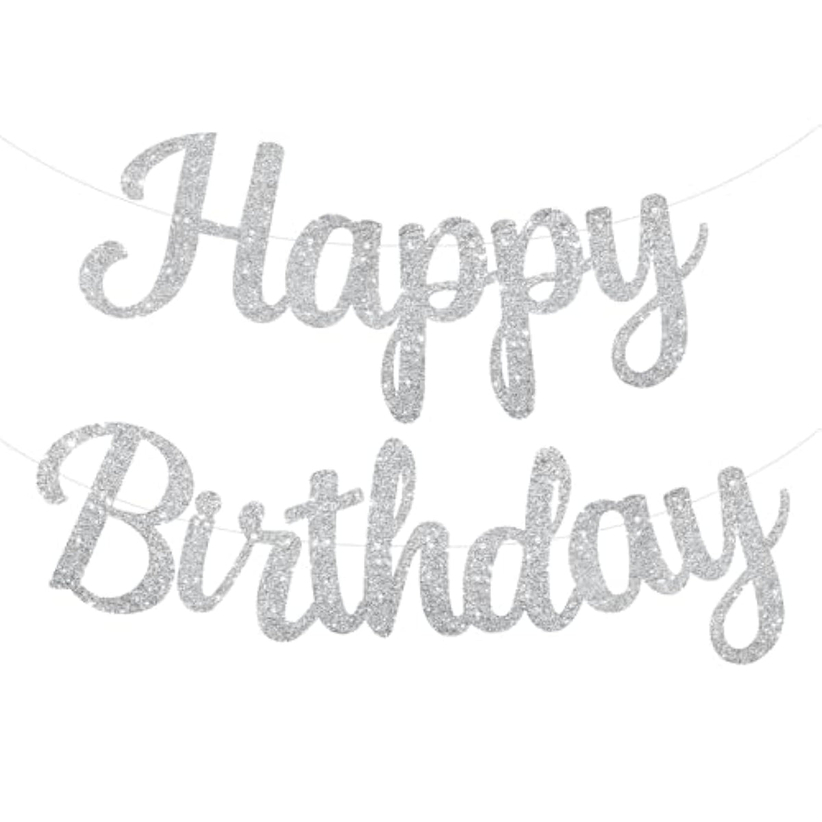 Silver Happy Birthday Banner, Pre-Strung Glitter Silver Birthday Sign, 10 Feet, No Diy, Happy Birthday Garland For Women Men Birthday Party Decorations Supplies