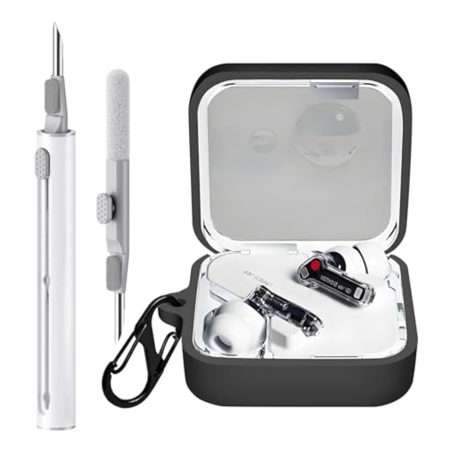 Case Cover Compatible With Nothing Ear Earbuds, Soft Silicone Nothing Ear Protective Case With Cleaner Kit With Carabiner Keychain Accessories (Black)