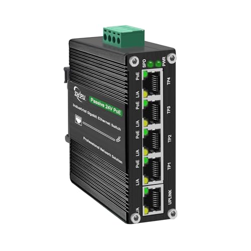 Industrial 5 Ports Gigabit 24V Passive Poe Switch Support Dc12V-24V Input To 24V Poe Output, 4 X 24V/18W Poe Ports@72W, Ip40, Compact Poe Power For Solar Power/Rv Truck/Voip Systems
