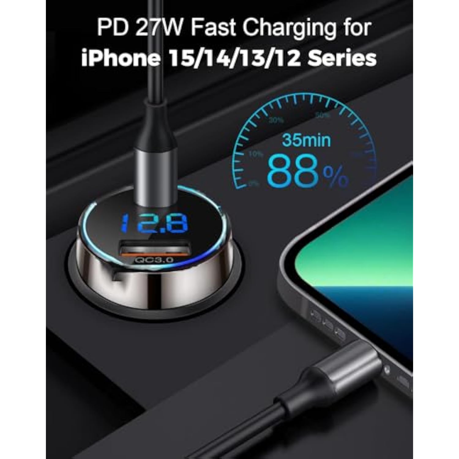 [Pure Copper] Usb C Car Charger, 45W Dual Usb Car Charger Adapter With 27W/20W Pd Port, Fast Qc3.0 Led Voltmeter For Iphone 15 14 13 Max/Pro/Plus/Mini, Pixel 7/6/5, Samsung S22/21 More