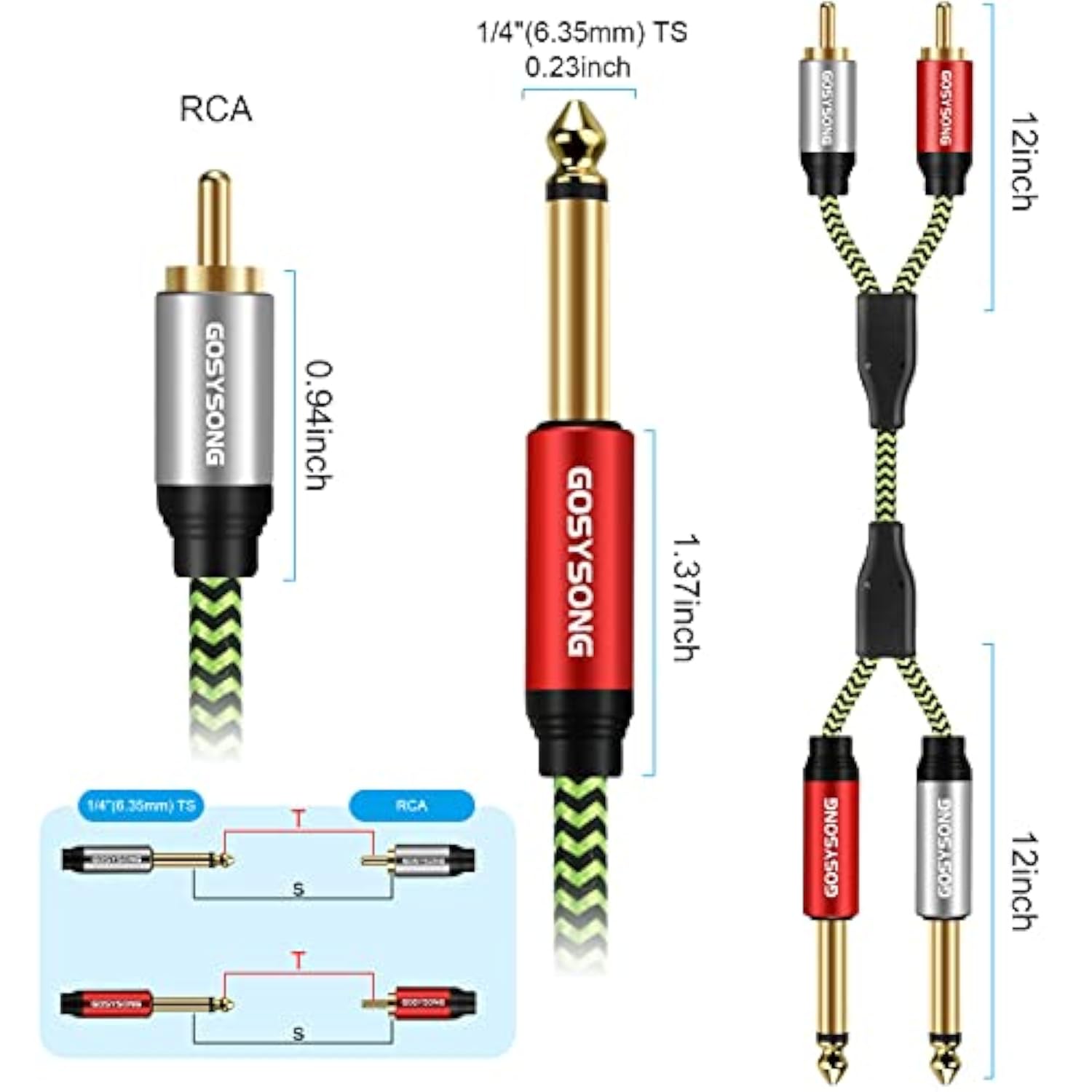 Rca To 1/4 Audio Cable 10Ft, 1/4 Trs To Rca Audio Y Splitter Cable, 1/4 To Dua