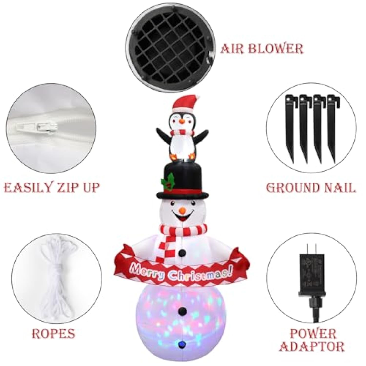 6Ft Christmas Inflatable Snowman Decorations, Blow Up Snowman Penguins With Build-In Rotating Colorful Led Lights Outdoo