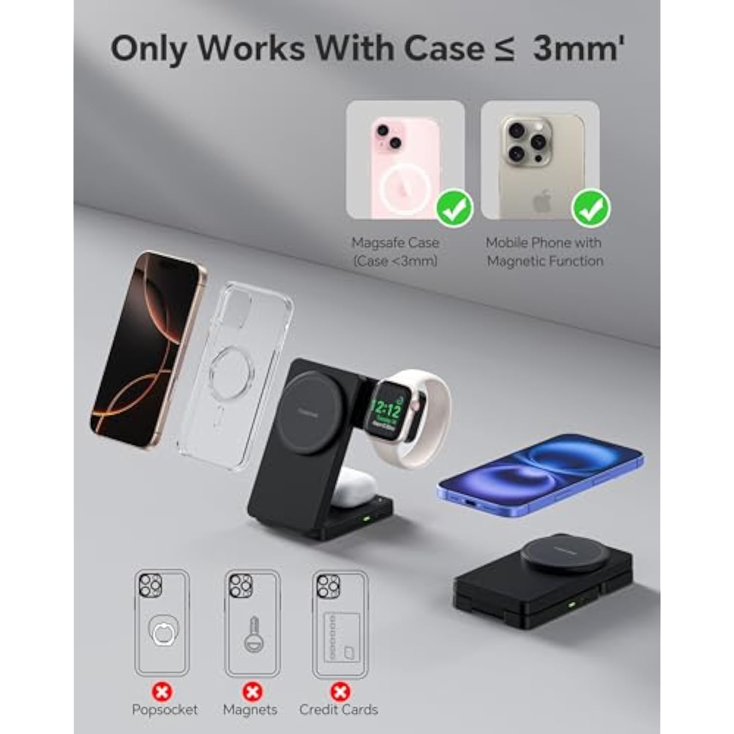 3 In 1 Charging Station For Iphone 16 15 14 13 12 Series, Wireless Charger For Apple Watch?Travel Magnetic Charging Stand For Airpods (Black)