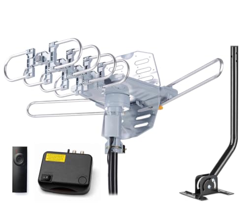 Amplified Outdoor TV Antenna with 360° Motorized Rotation, UHF/VHF Long-Range Reception, Remote Control, Mounting Pole & 40FT RG6 Cable, Dual TV