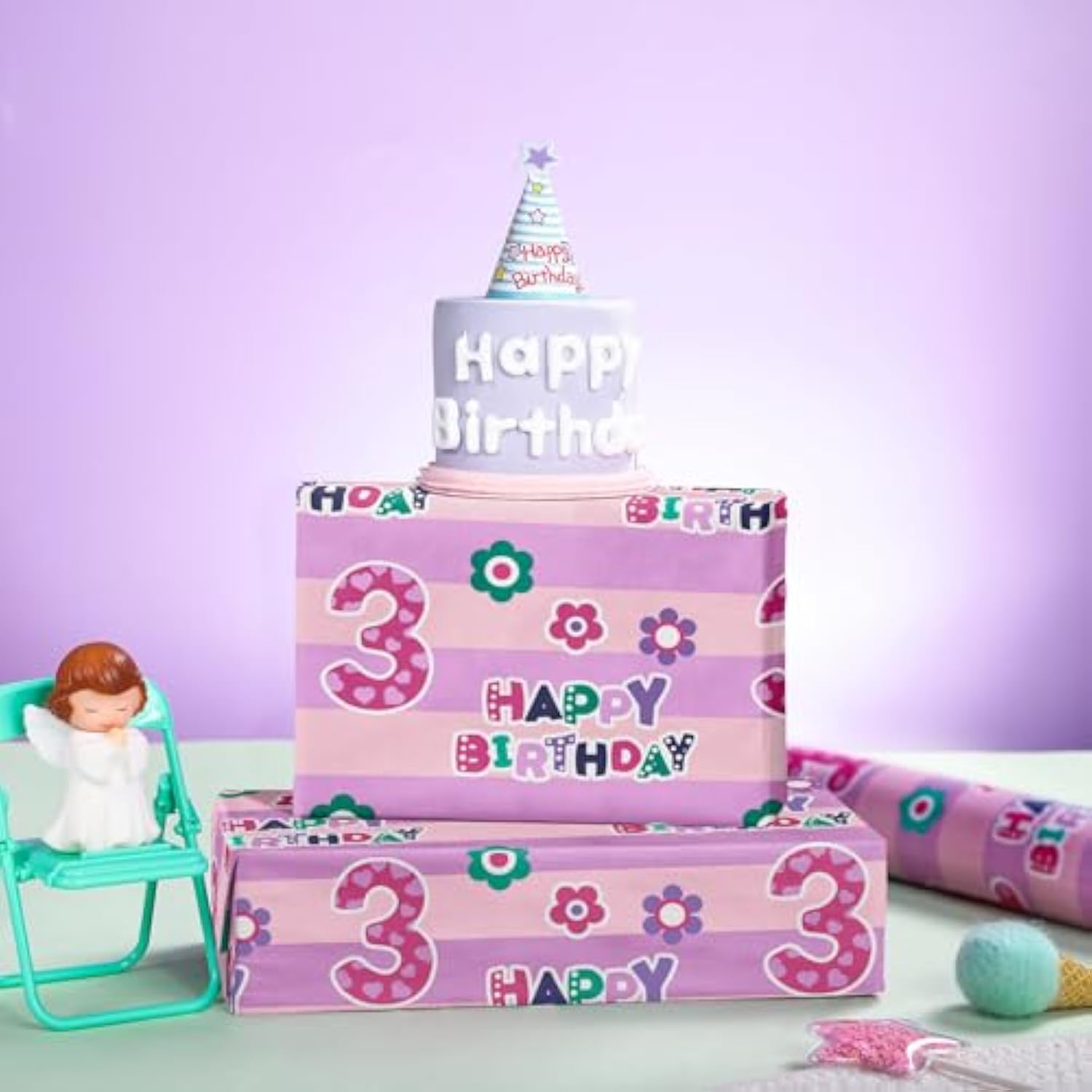 3Rd Birthday Wrapping Paper - Pink Happy Birthday With Floral Design, 6 Sheets, 19.7 X 27.5 Inch Each