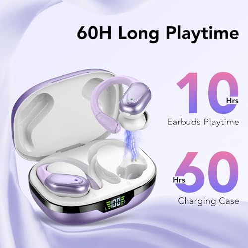 Ear Buds Wireless Earbuds Bluetooth 5.3 Headphones 60Hrs Playtime With Digital Display Sports Wireless Headphones With Earhook Deep Bass Ipx7 Waterproof Over-Ear Earbuds For Android Ios Workout Purple