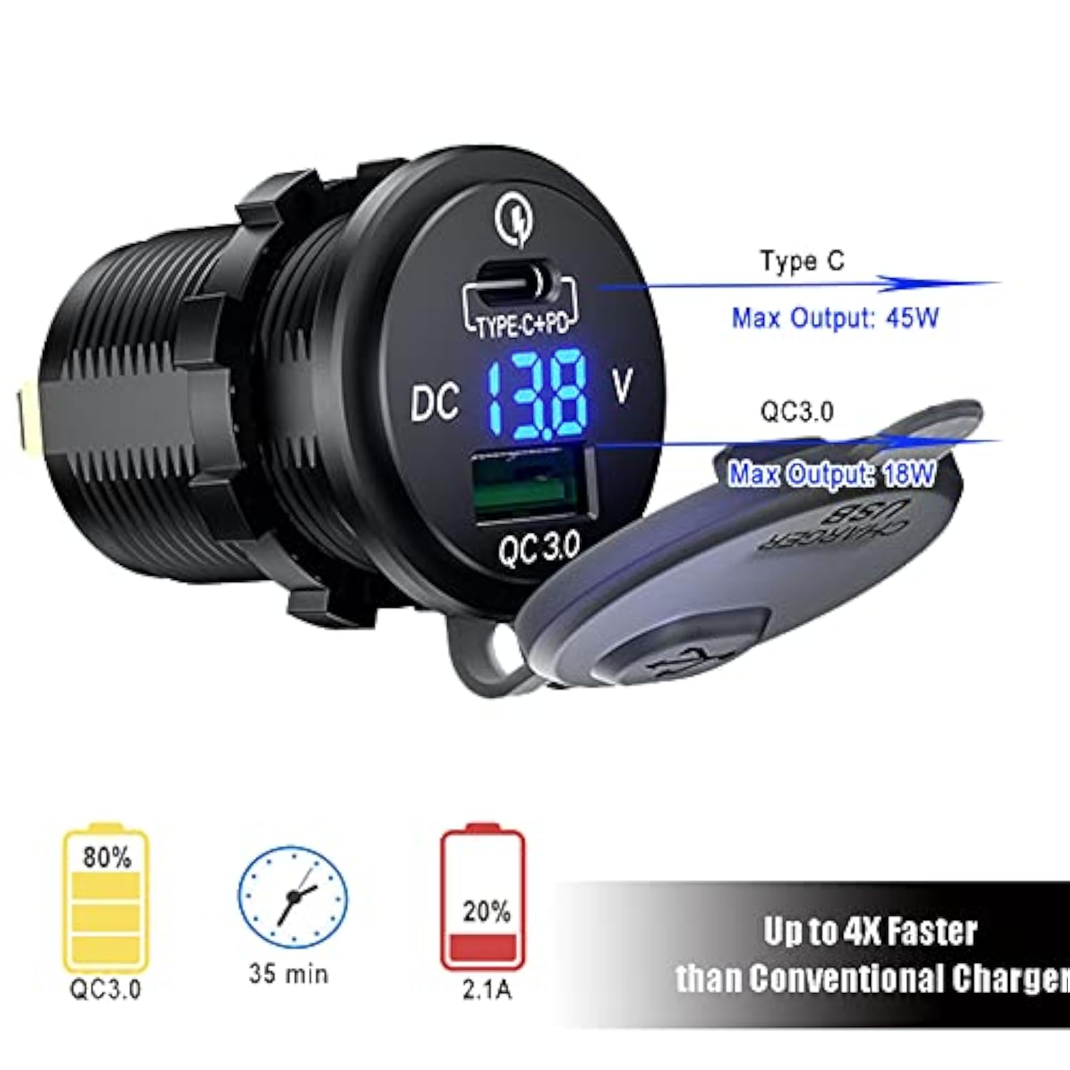 63W Usb C Car Charger Socket, 45W Pd Outlet 18W Qc3.0 Charger 12V Usb Cigarette Lighter Socket With Led Voltmeter For Car Rv Boat Marine Truck Motorcycle