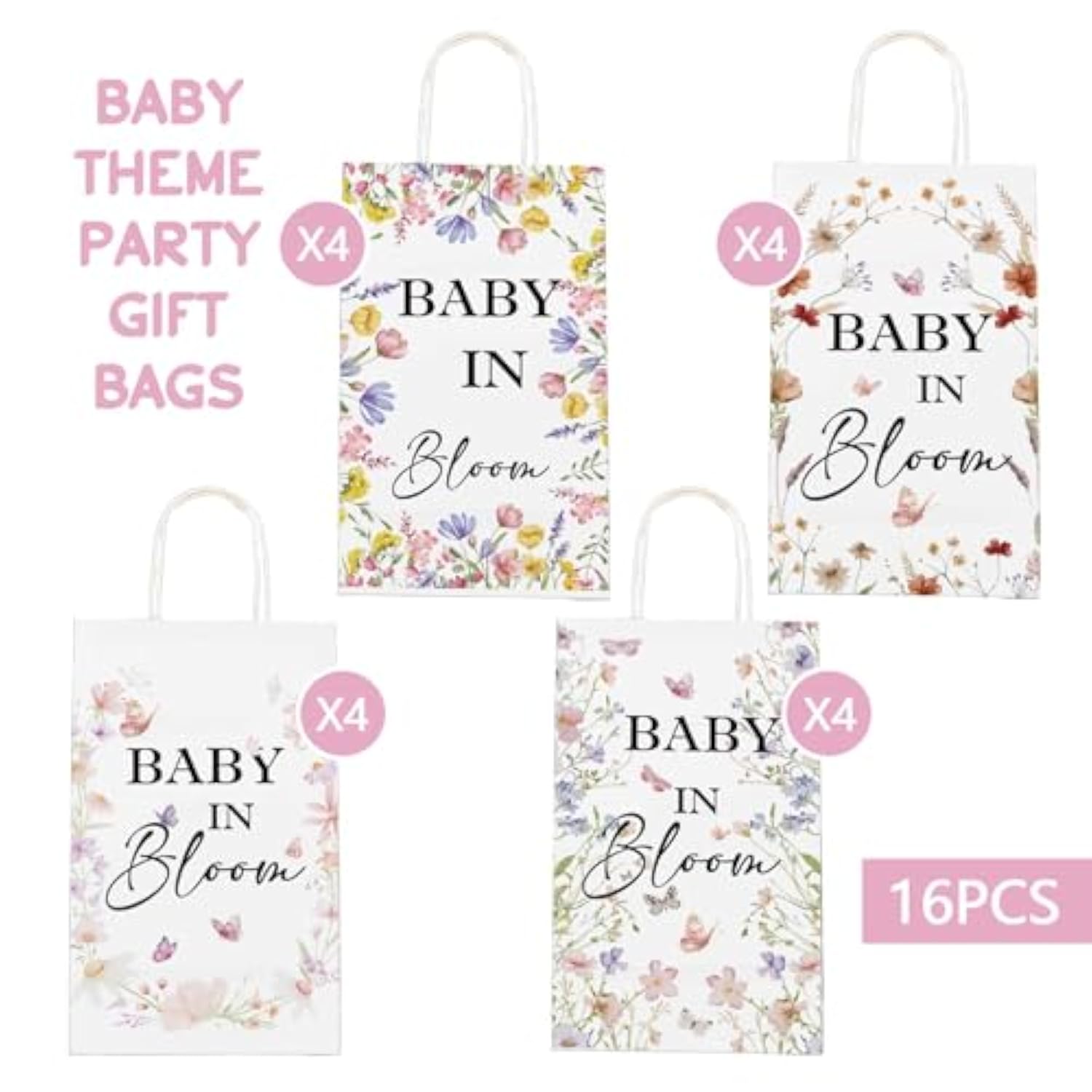 16-Pack Bloom Wildflower Gift Bags 8.6x5x3.7 Inch Boho Baby Birthday Party