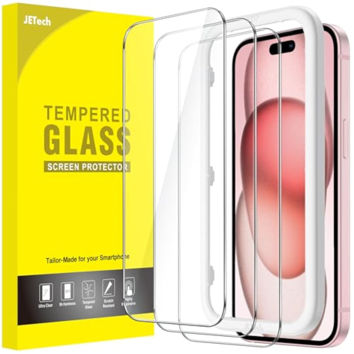JETech Screen Protector for iPhone 15 6.1-Inch, Tempered Glass Film with Easy Installation Tool, Case-Friendly, HD Clear, 3-Pack