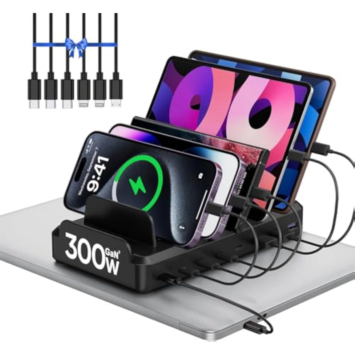 300W Charging Station For Multiple Devices, 8 Port Multi Usb C Fast Charger Station Dock For Macbook Iphone 16/15/14/13/12 Samsung Pixel Series Ipad, Black (6 Mixed Short Cables Included)