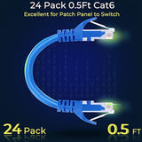 Patch Cables Cat6 0.5Ft 24 Pack, Ethernet Patch Cable 10G, Cat 6 Patch Cable F