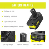 8.0Ah Battery Replacement For Ryobi 18V Lithium Ion Battery, 18 Volt Batteries For Ryobi One 18V Cordless Tools P108 P107 P105 P104 (2Pack)