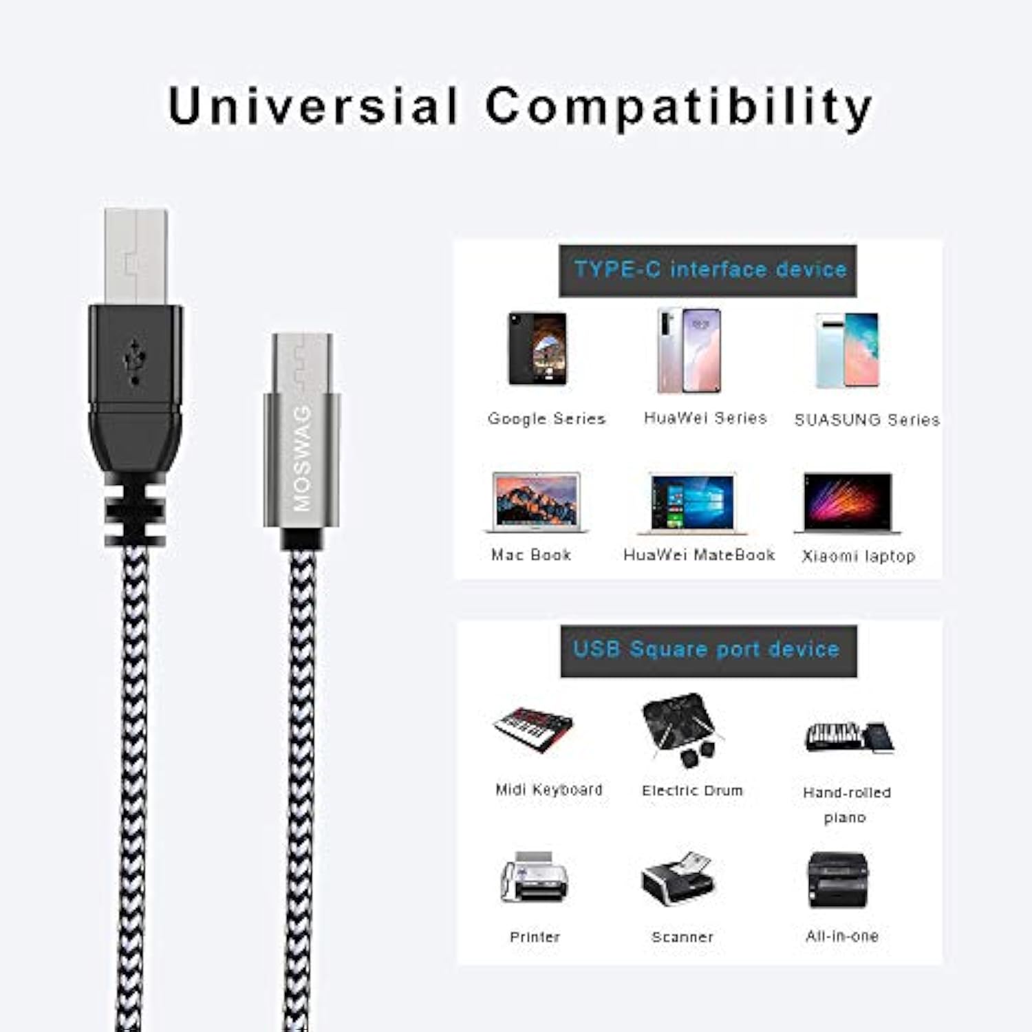 Usb B To Usb C Printer Cable 6.6Ft, Nylon Braided Usb B To C Cord For Macbook Pro, Hp, Epson, Canon, Brother, Lexmark, Xerox Printers And Scanner
