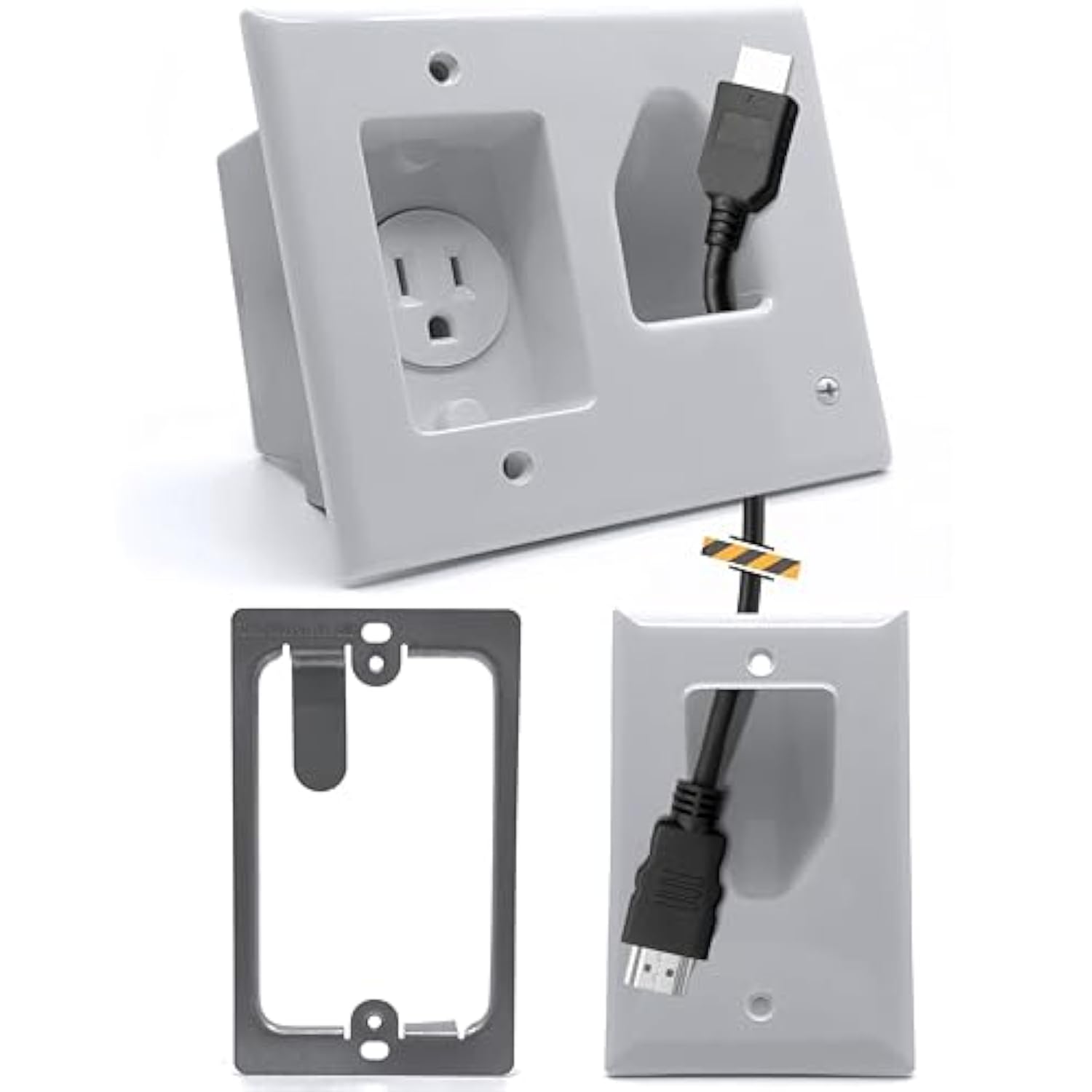 Datacomm Recessed Low Voltage Cable Plate with Recessed Power Kit - White - DATACOMM RECSSD CBL PLTE REMLDNG KT ELEC OTLT WHT (45-0021-WH-KIT)