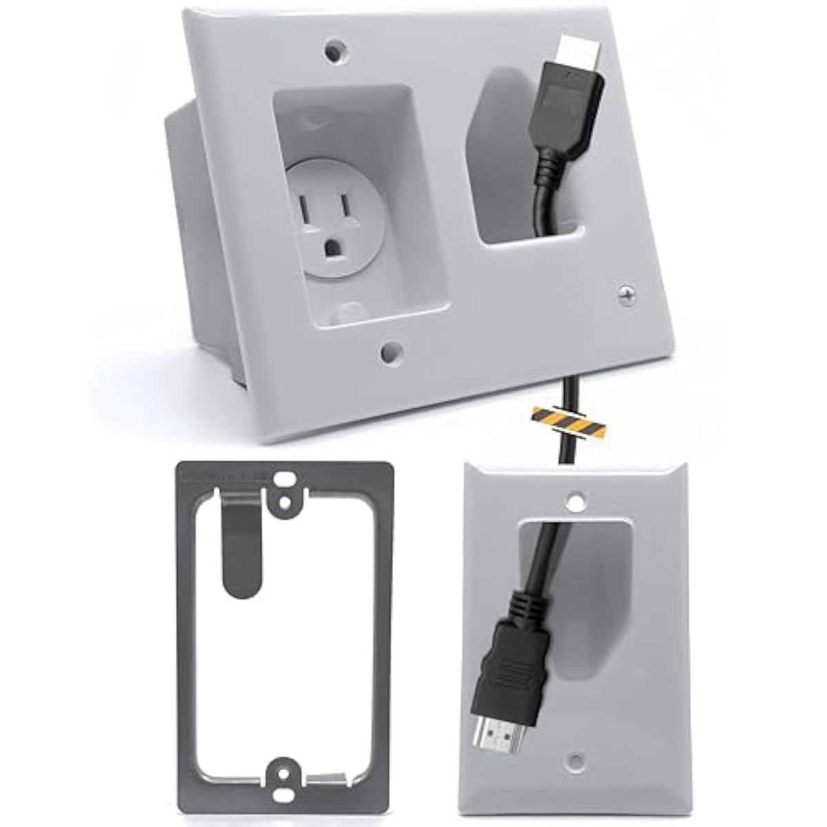 Datacomm Recessed Low Voltage Cable Plate with Recessed Power Kit - White - DATACOMM RECSSD CBL PLTE REMLDNG KT ELEC OTLT WHT (45-0021-WH-KIT)