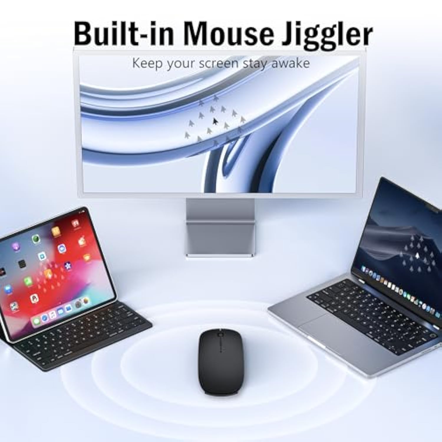 Bluetooth Wireless Mouse For Macbook Air Pro Mac Laptop Ipad Phone, Type C Rechargeable Silent Mice With Jiggler Mouse Mover 4 Mode Bluetooth 5.2/3.0 & 2.4G Usb-A & Usb-C Receiver- Black