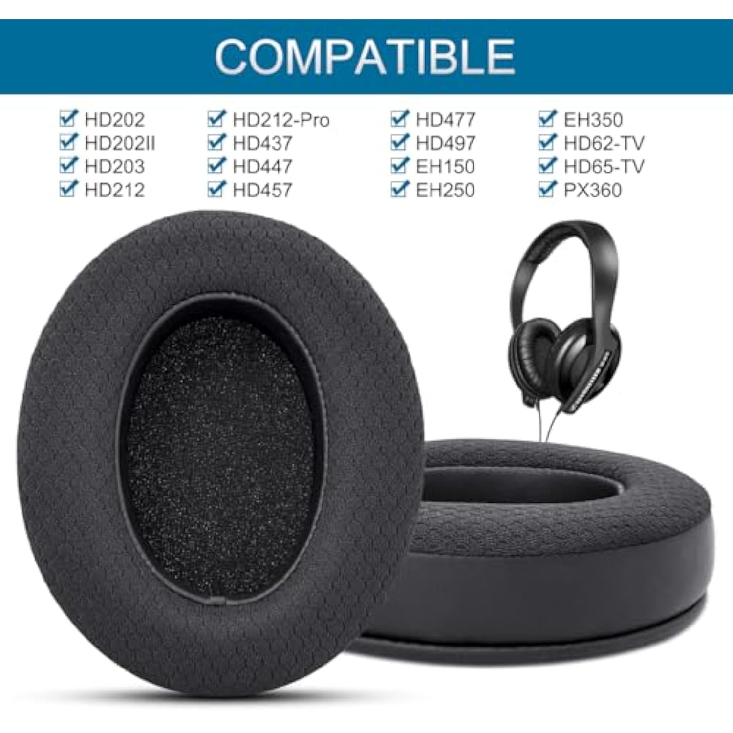 Replacement Ear Pads For Sennheiser Hd202 / Hd202Ii / Hd202S / Hd203 / Hd212 / Hd212-Pro / Hd437 / Hd447 / Hd457 / Hd477 / Hd497 / Eh250 Headphones, Earpads Cushions With Upgrade Memory Foam - Black