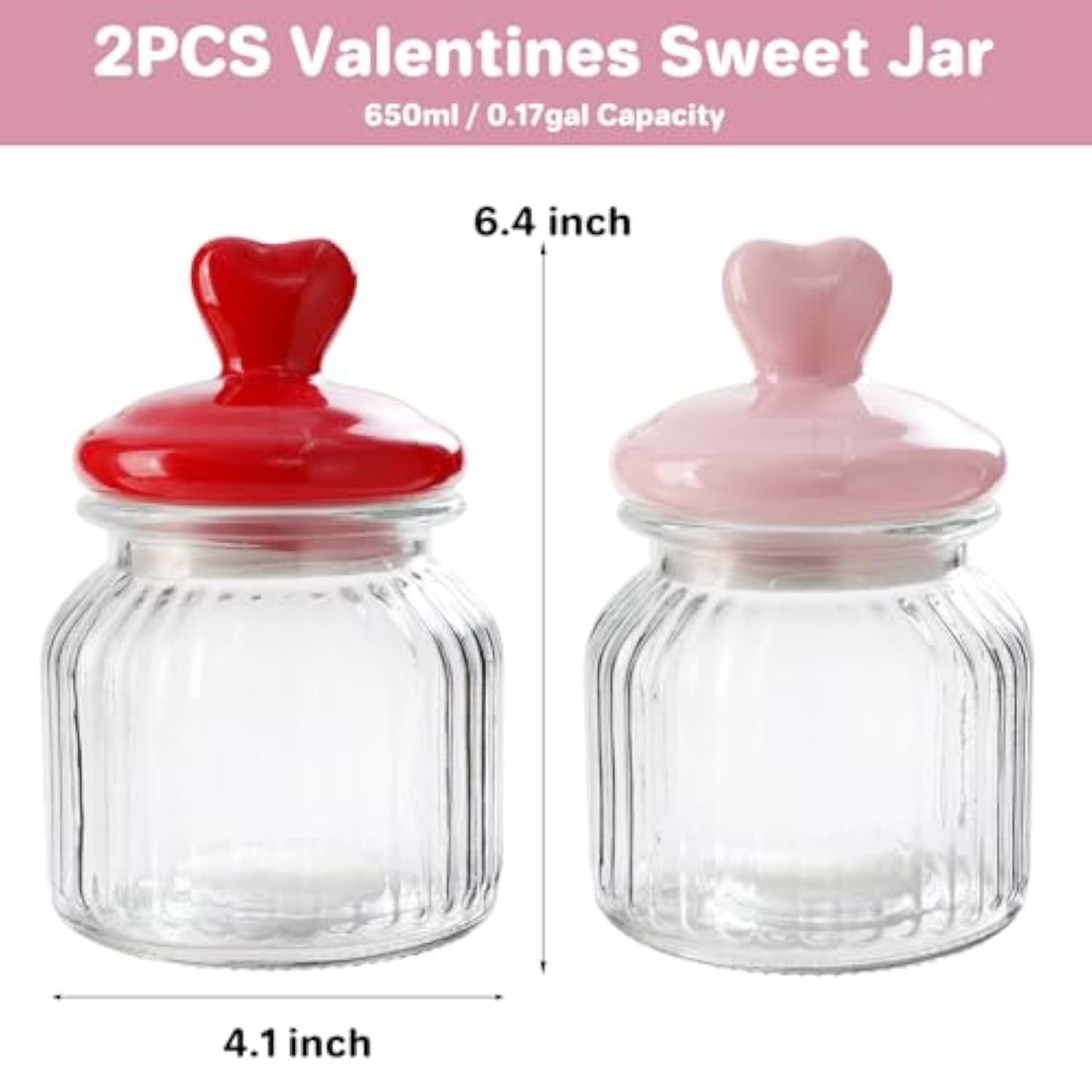 Valentines Day Decorations -2 Pcs Glass Jars With Ceramic Heart Lid-Valentines Glass Storage For Chocolate Candy Sweets Gift Table Party Centerpieces Decor