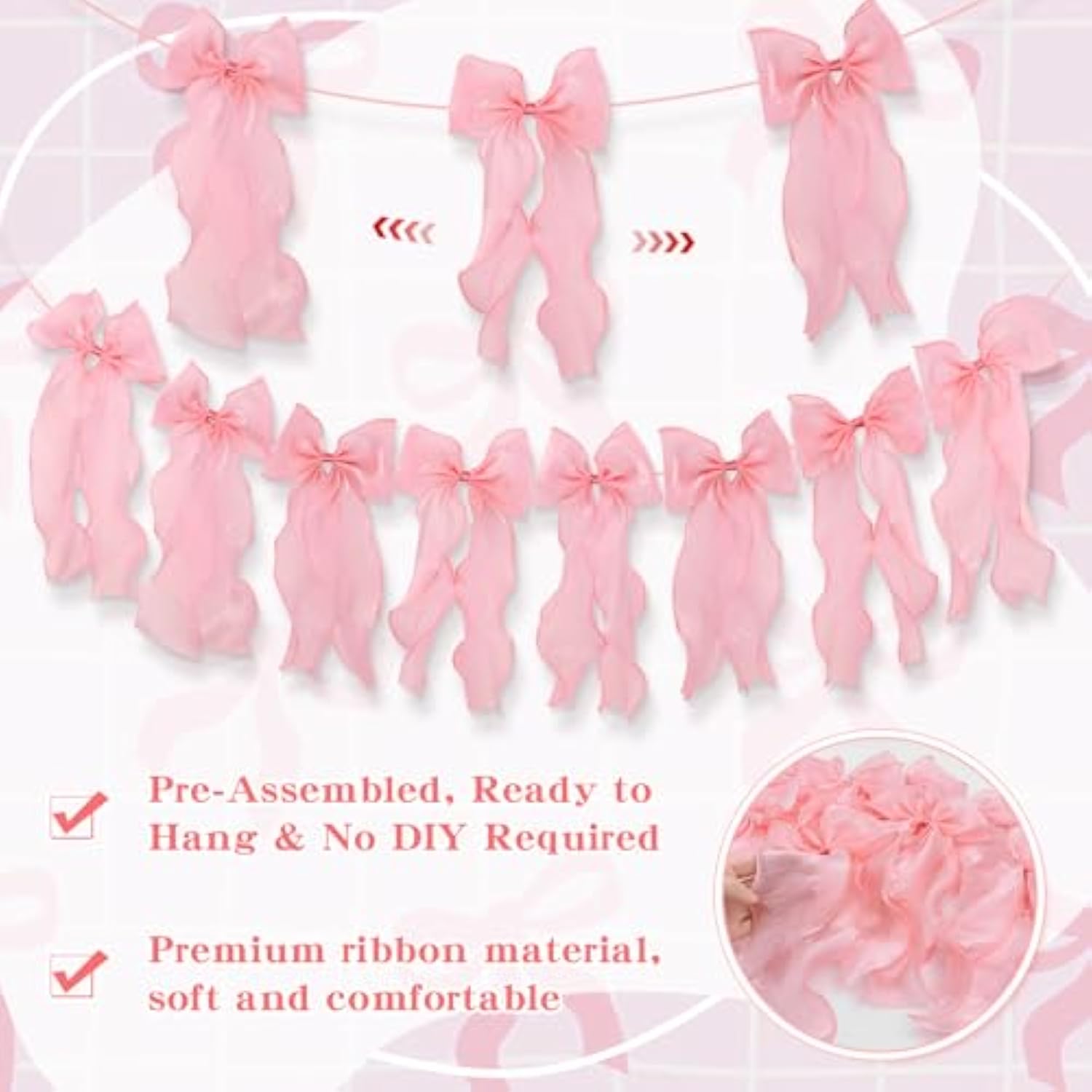 Pink Ribbon Bow Garland Banner, Pink Bow Party Decortions, Women Girls Bow Birthday Decorations, Baby Shower Decor, Tying The Knot Bridal Shower Bachelorette Party Supplies