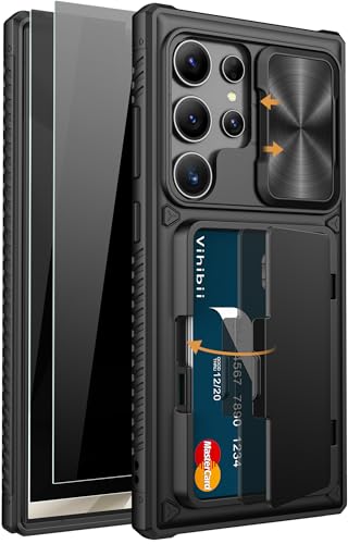 for  Galaxy S24 Ultra Case with Card Holder (4 Cards), Built-in 2X Privacy Screen Protector & Slide Camera Cover & Kickstand, Rugged &