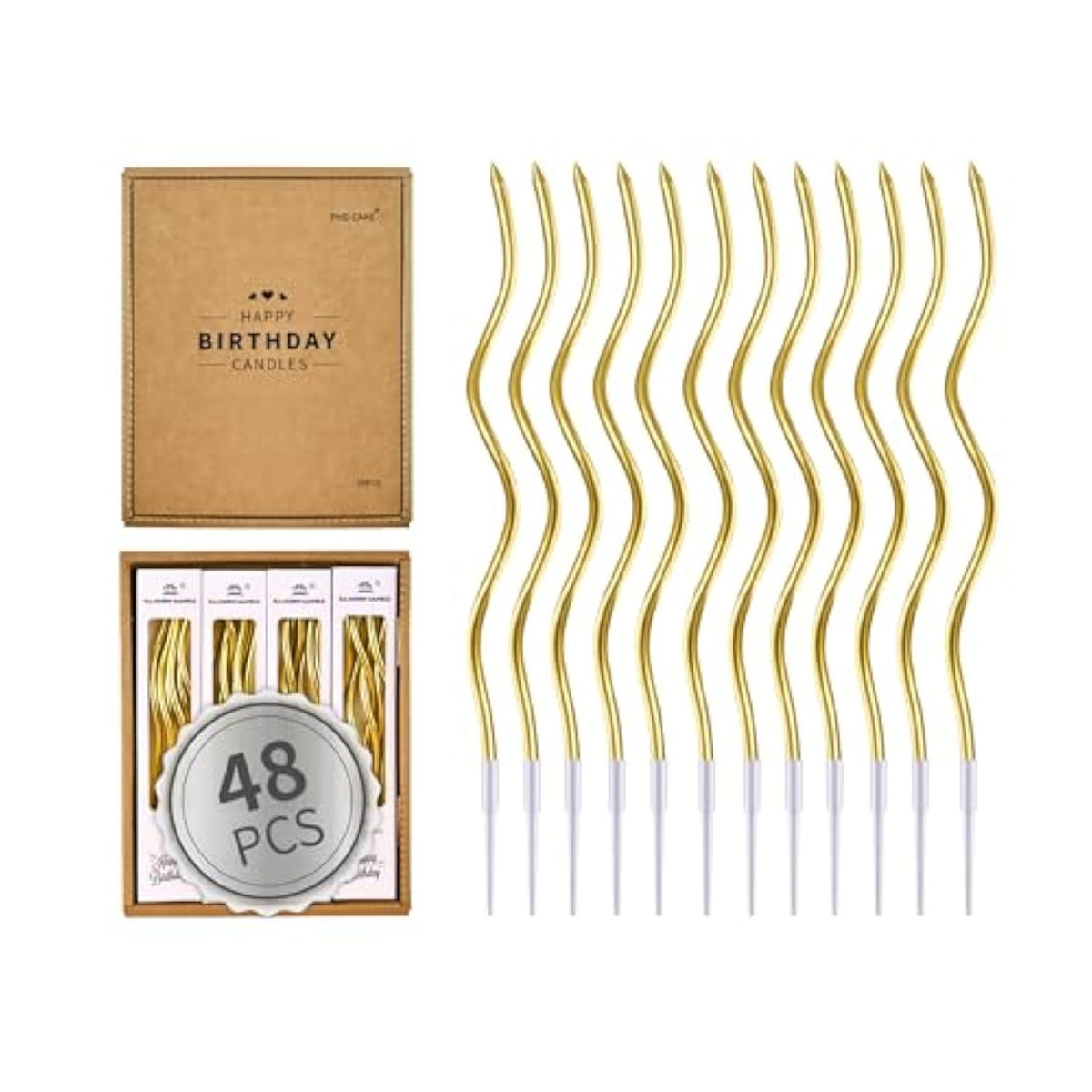 48-Count Gold Spiral Long Thin Metallic Birthday Candles, Cake Candles, Birthday Parties, Wedding Decorations, Party Candles