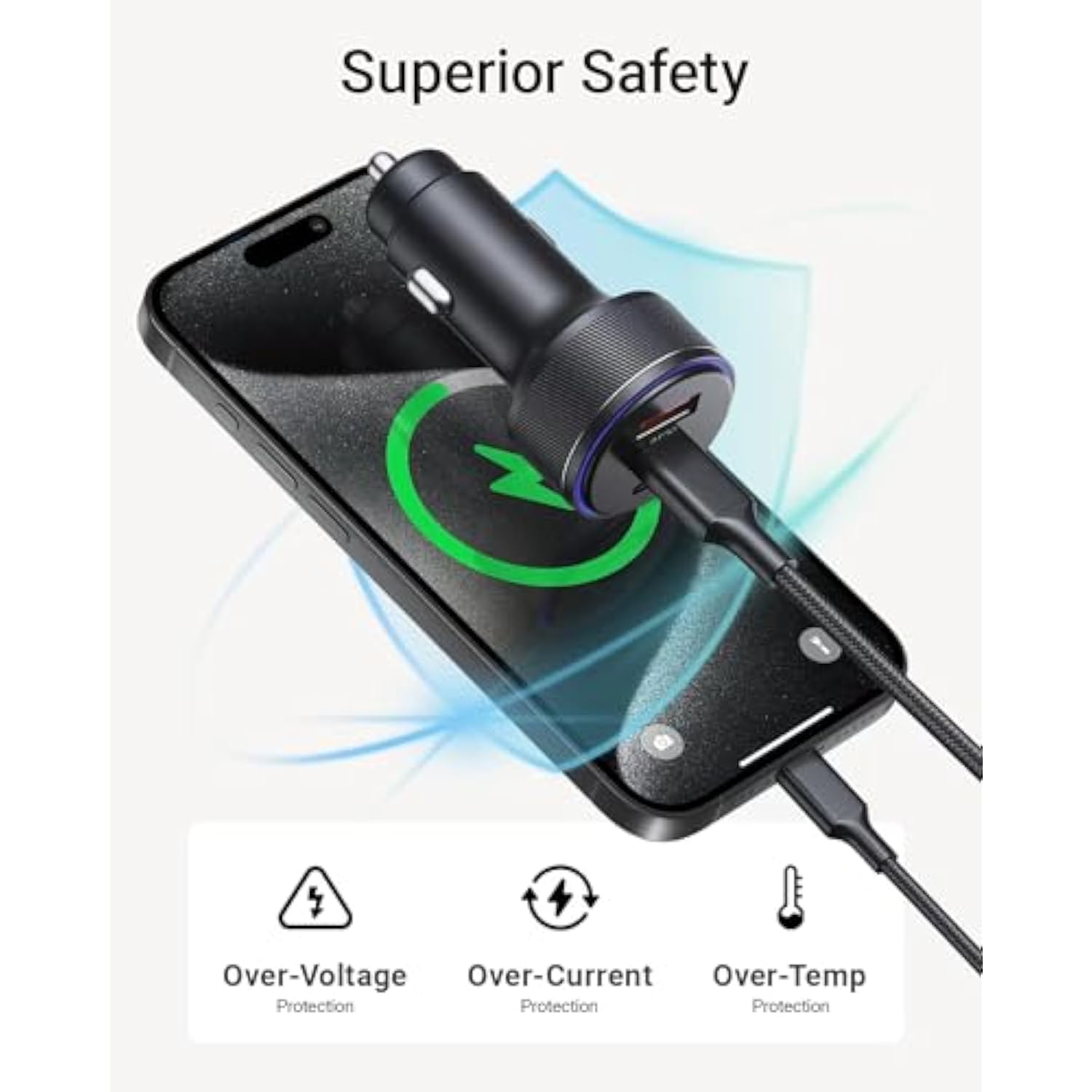 AKNSN 90W USB-C & USB-A Car Charger, 3-Port Fast Charging, PD3.0 & QC3.0, Compatible with iPhone 16/15/14/13 Pro Max, iPad, MacBook, Samsung, Google Pixel, More