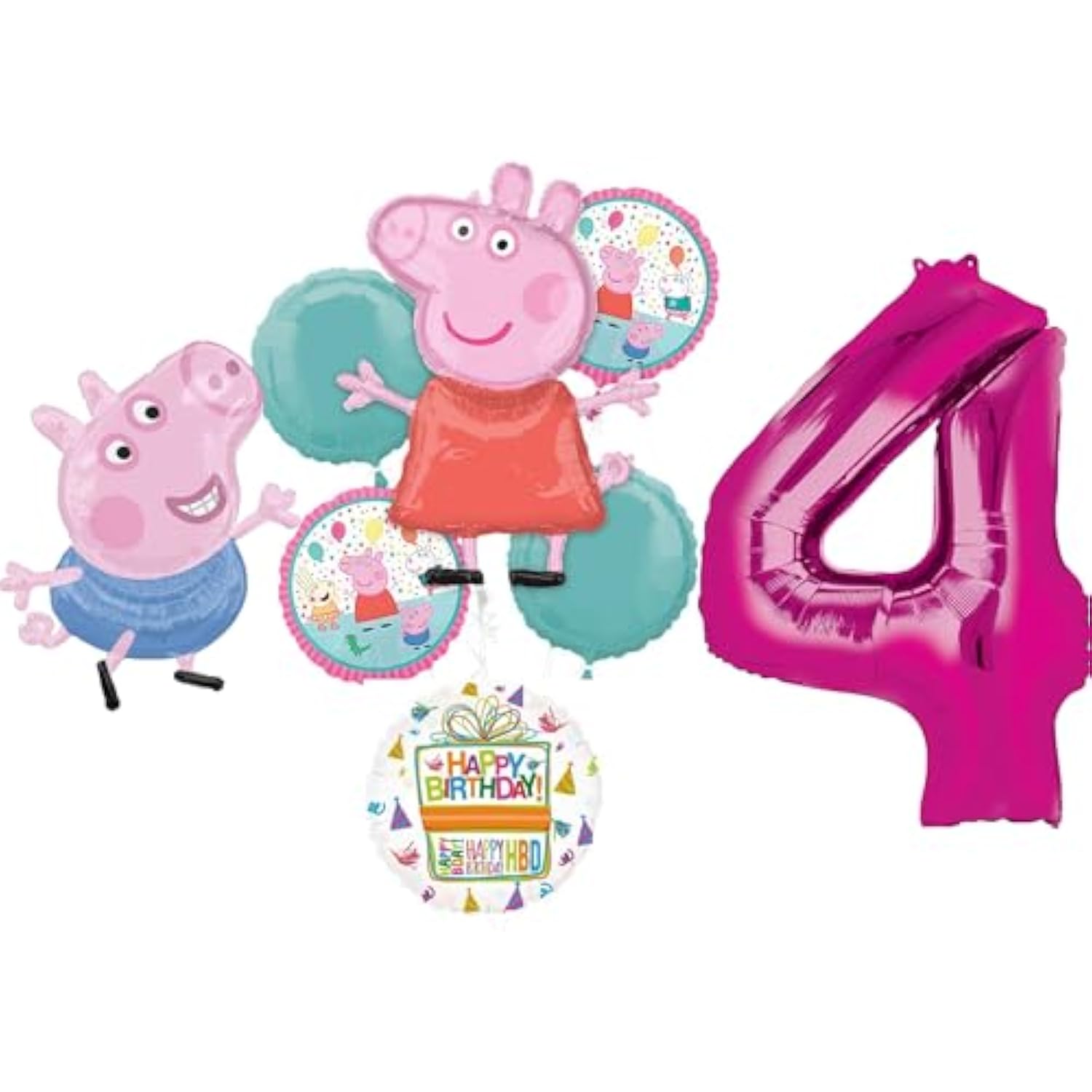 Anagram Peppa and George 4th Birthday Party Supplies Pig Foil Balloon Bouquet Decorations, BQ_4284