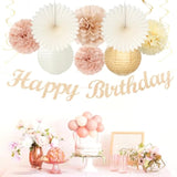 Champagne-Gold Beige 16 Happy Birthday Party-Decorations - 22Pcs 21St Women Girls Paper Lanterns Streamers Banner Pom Poms,Fall Boho Aesthetic Bohemian Rose Groovy Decor Backdrop Supplies