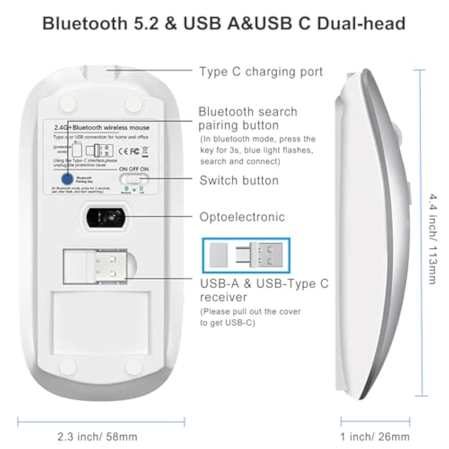 Bluetooth Wireless Mouse Usb C For Macbook Air Pro Imac Laptop Desktop Computer, Wireless Rechargeable Silent C Mouse For Mac Desktop/Ipad/Surface Pro (Bt5.2/3.0, 2.4G Usb A, Type-C Receiver)
