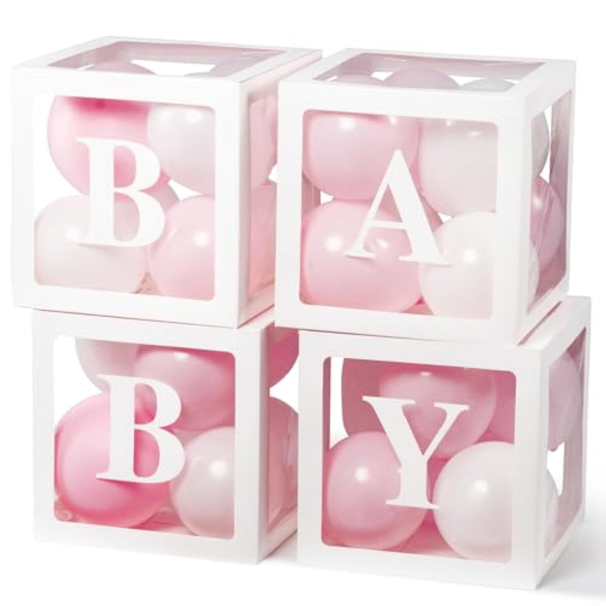 4Pcs Transparent Balloon Boxes with Letters, 36Pcs Pink & White Balloons for Gender Reveal Party
