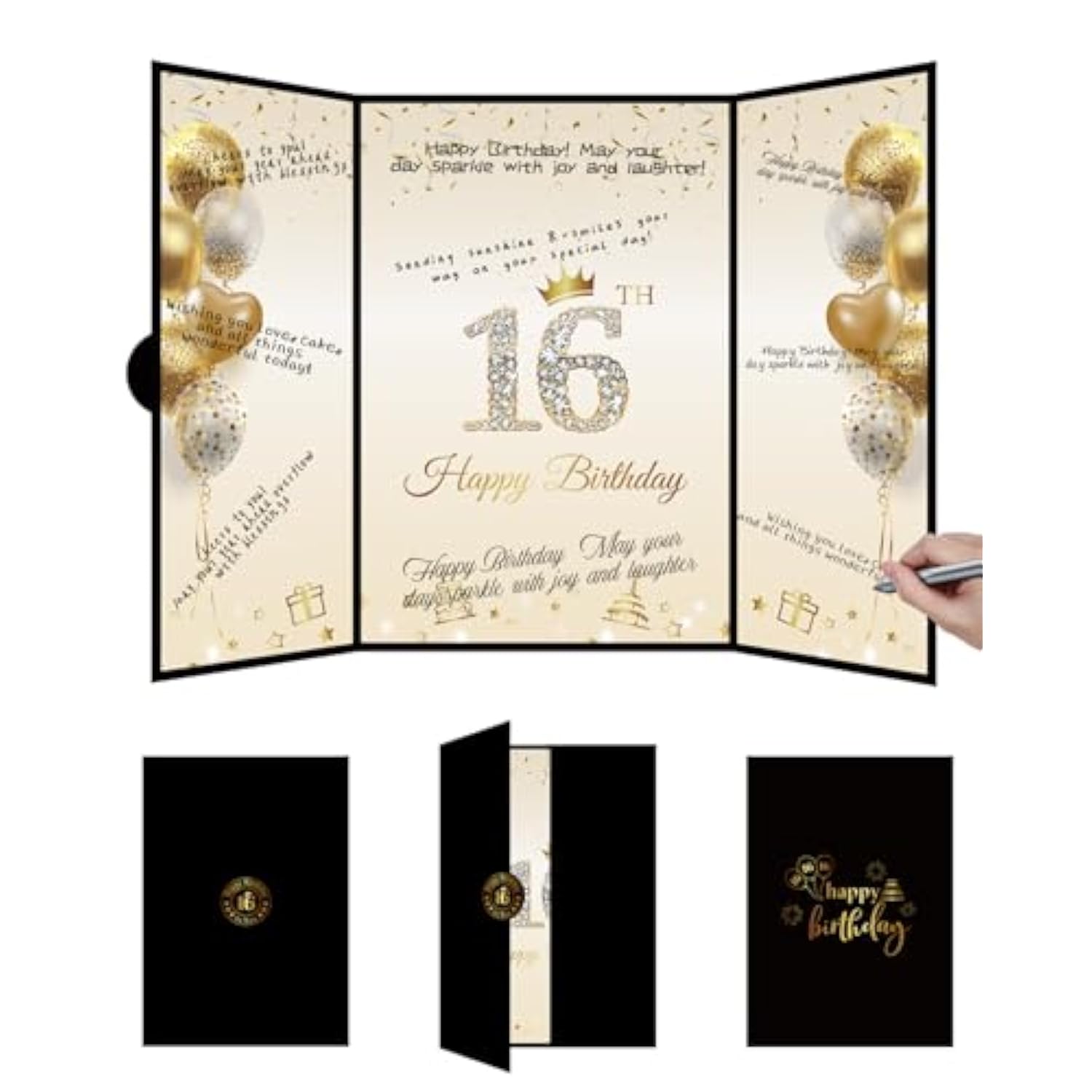 Sweet 16 Party Decorations Black Gold Sweet 16 Guest Book Alternative, Happy Sixteen Birthday Signing Card Board, 16Th Birthday Decorations For Boys Girls, 16Th Anniversary Gifts (Black Gold)