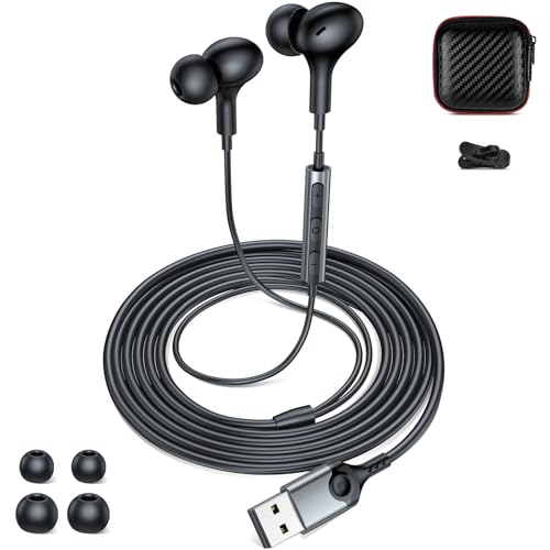 USB A Headphones Wired Earbuds with 7.5ft Long Cord,3 Sizes Ear Tips & Carry Case Earphones In-Ear Buds for School Students Home Office Gaming USB