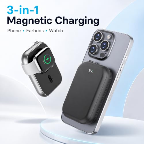 Magnetic Power Bank, Compact 10,000mAh Magnetic Wireless Portable Charger with 20W Max Fast Charging,for iPhone 16/15/14/13/12Series,AirPods,and