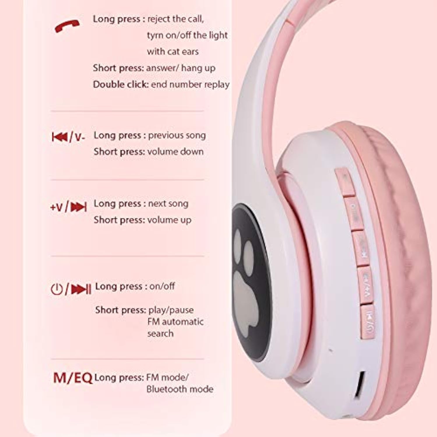 Kids Wireless Headphones Cat Ear Led Light Up Bluetooth Foldable Headphones Ov