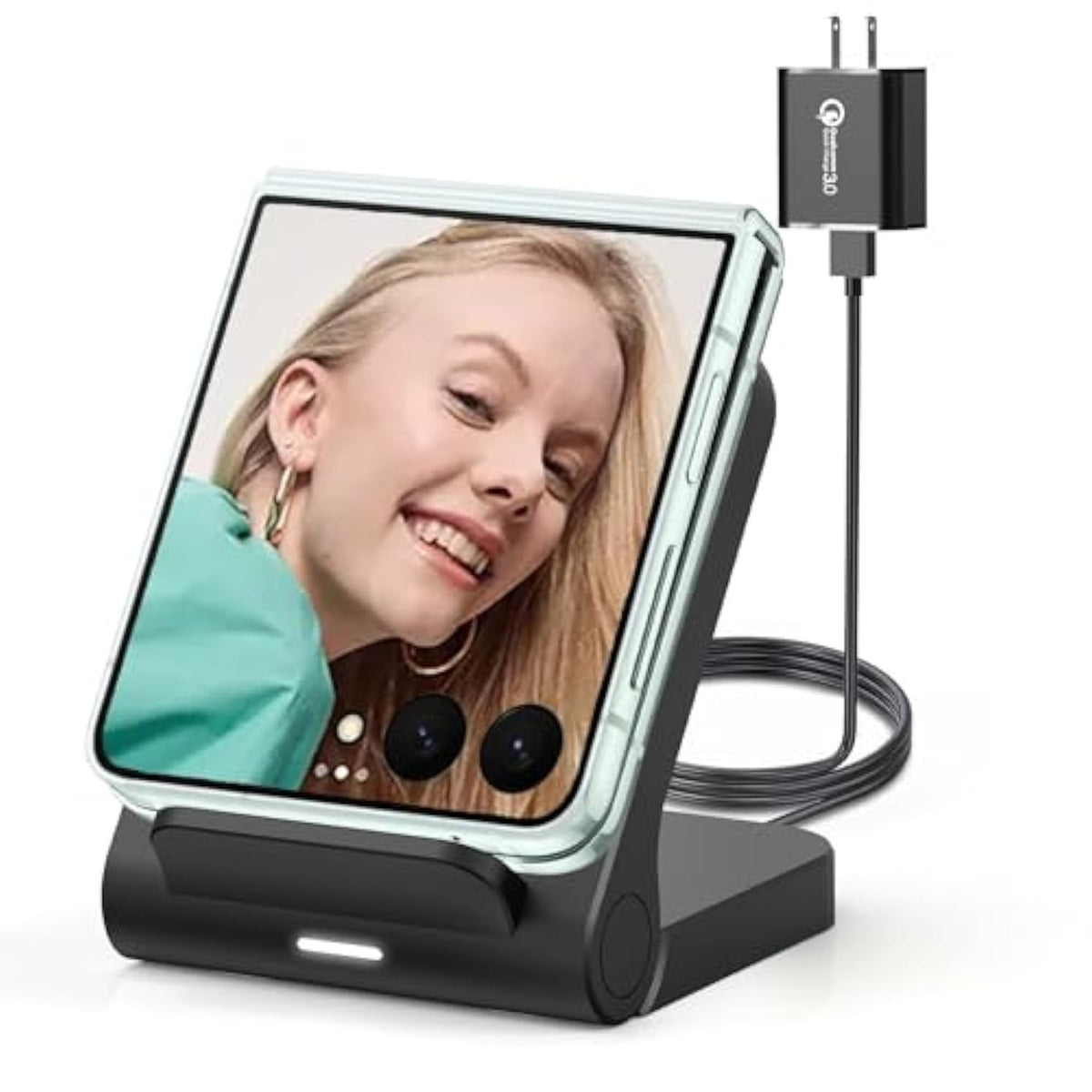 For Samsung Galaxy Z-Flip Wireless Charger: Galaxy Z Flip 6/5/4/3 Charging Stand, 15W Fast Wireless Charger For Galaxy Z Flip6/Z Flip5/Z Flip4, Razr+(5W) Non-Fold(Qc3.0 Adapter Included) Black