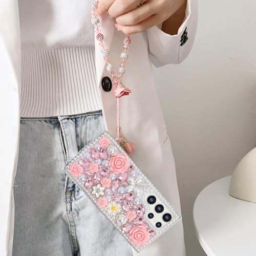 for  Galaxy S26 Ultra Glitter Bling Case, Cute Luxury 3D Sparkle Crystal Rhinestones Flowers Diamond Pearl Gems with Lanyard Wrist Strap Women