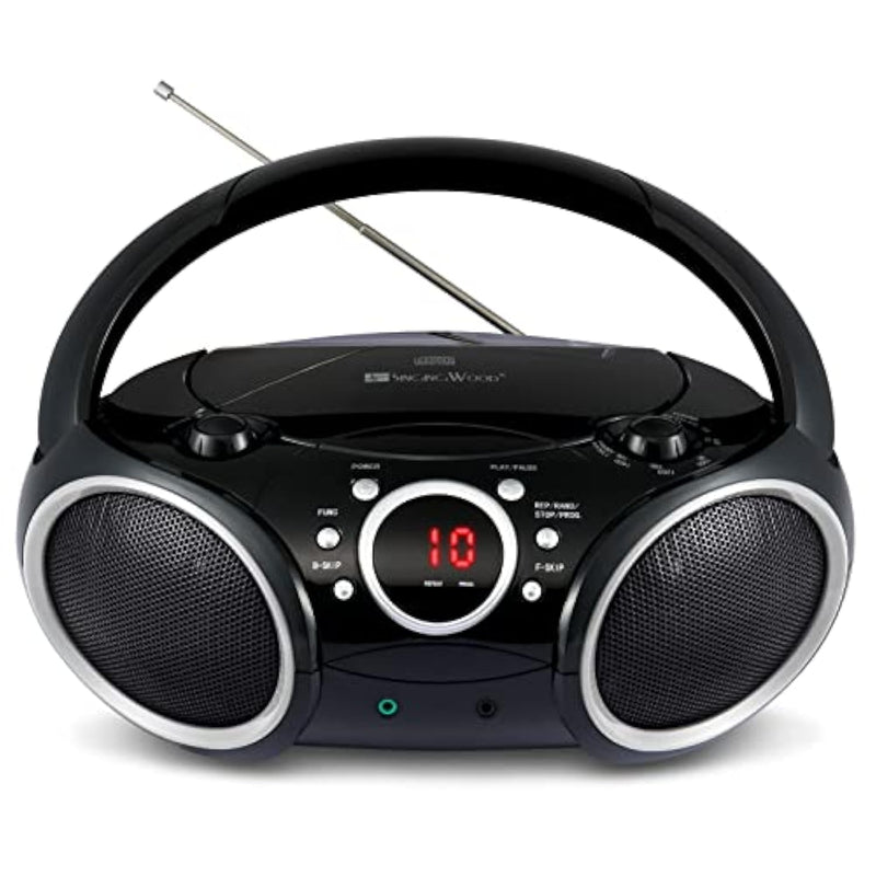 030C Portable Cd Player Boombox Am Fm Analog Tuning Radio, Aux Line In, Headphone Jack, Foldable Carrying Handle (Black With A Touch Of Grey Rims)