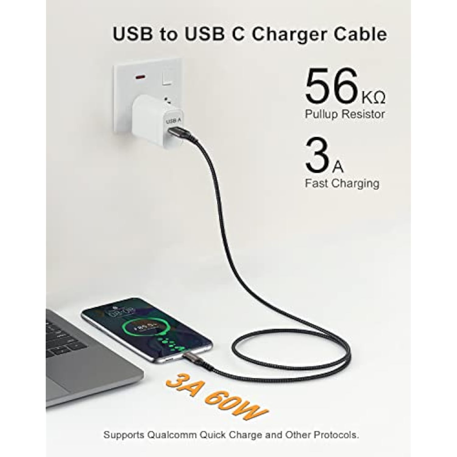 Usb A To Usb C Cable 6.6Ft, 10Gbps Data Transfer And 60W 3A Fast Charging Cable, Usb C 3.1/3.2 Cable For Android Auto Samsung S21/S20/S10/Note 20, Ipad Pro, Sony Xz, Lg Other Type-C Devices