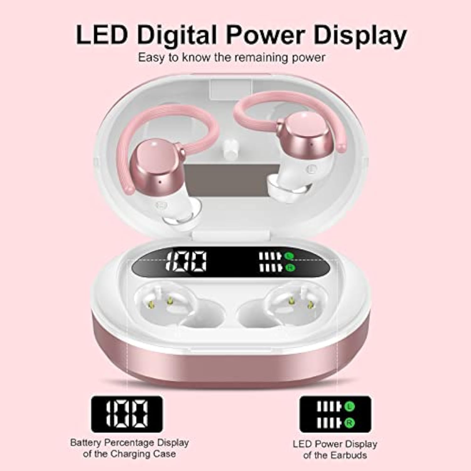 Ear Buds Wireless Earbuds, Hifi Stereo Bluetooth 5.3 Running Headphones With Dual Led Display 30Hrs Playtime, Builtin Mic, Typec, Inear Bluetooth Earphones With Earhooks For Sport, Rose Gold