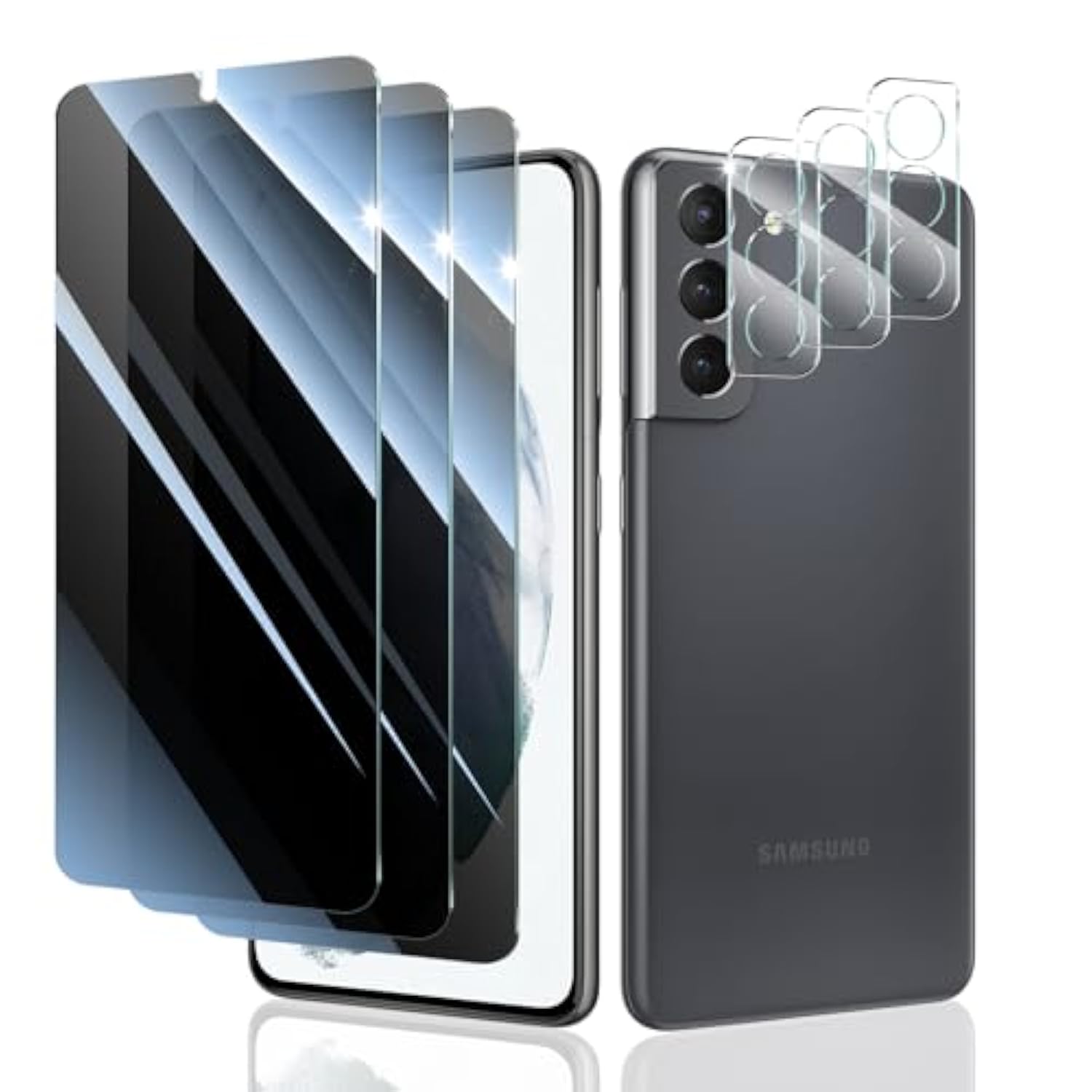 Privacy Screen Protector And Camera Lens Protector For Samsung Galaxy S21, Double Shatterproof Anti-Spy Tempered Glass Film, Private Protection, [Anti-Scratch][9H Hardness], 3-Pack Each