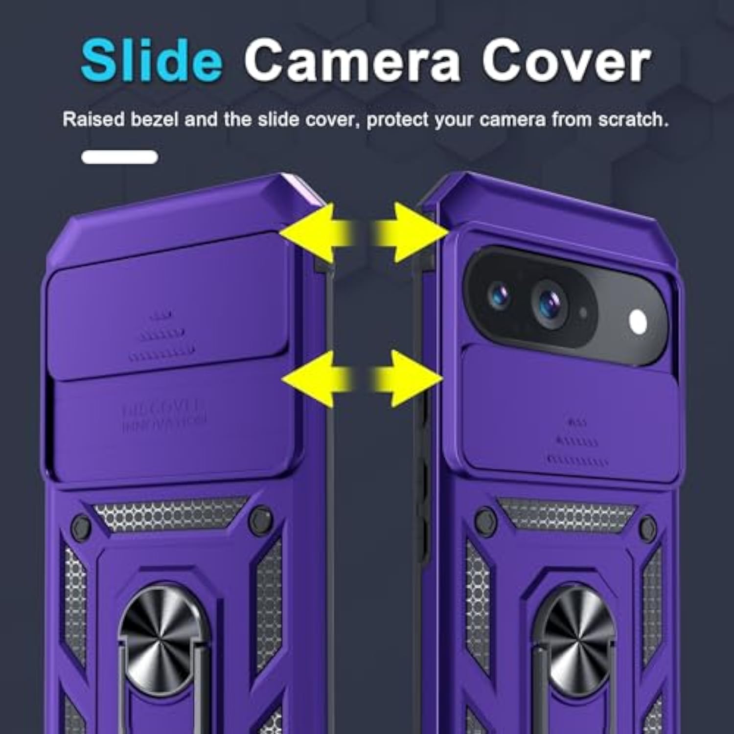 Case Compatible With Google Pixel 9/9 Pro Built In Slide Camera Lens Cover+Screen Protector+Finger Ring Holder Kickstand,Heavy Duty Shockproof Full Body Protective Phone Cover,Purple