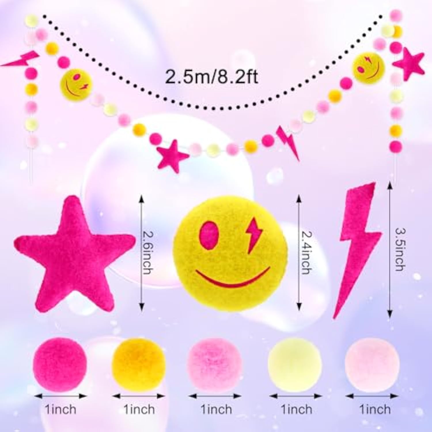 Preppy Felt Banner 3D Pink Face Lighting Star Banner Felt Ball Garland Pre-Assembled Preppy Theme Bunting Garland For Back To School Dorm Classroom Hanging Decoration Party Supplies